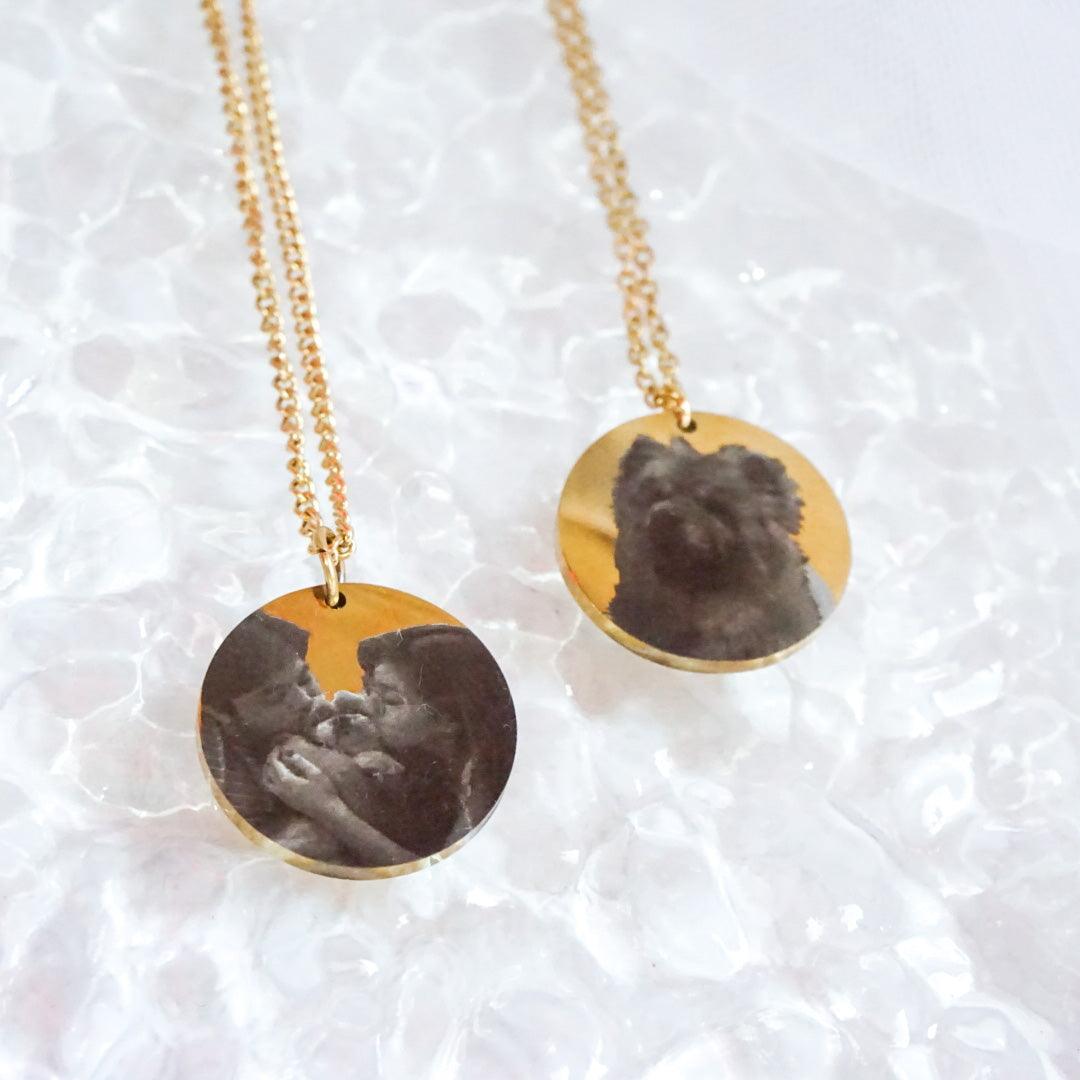 Gold photo disc necklace with custom photo engraving